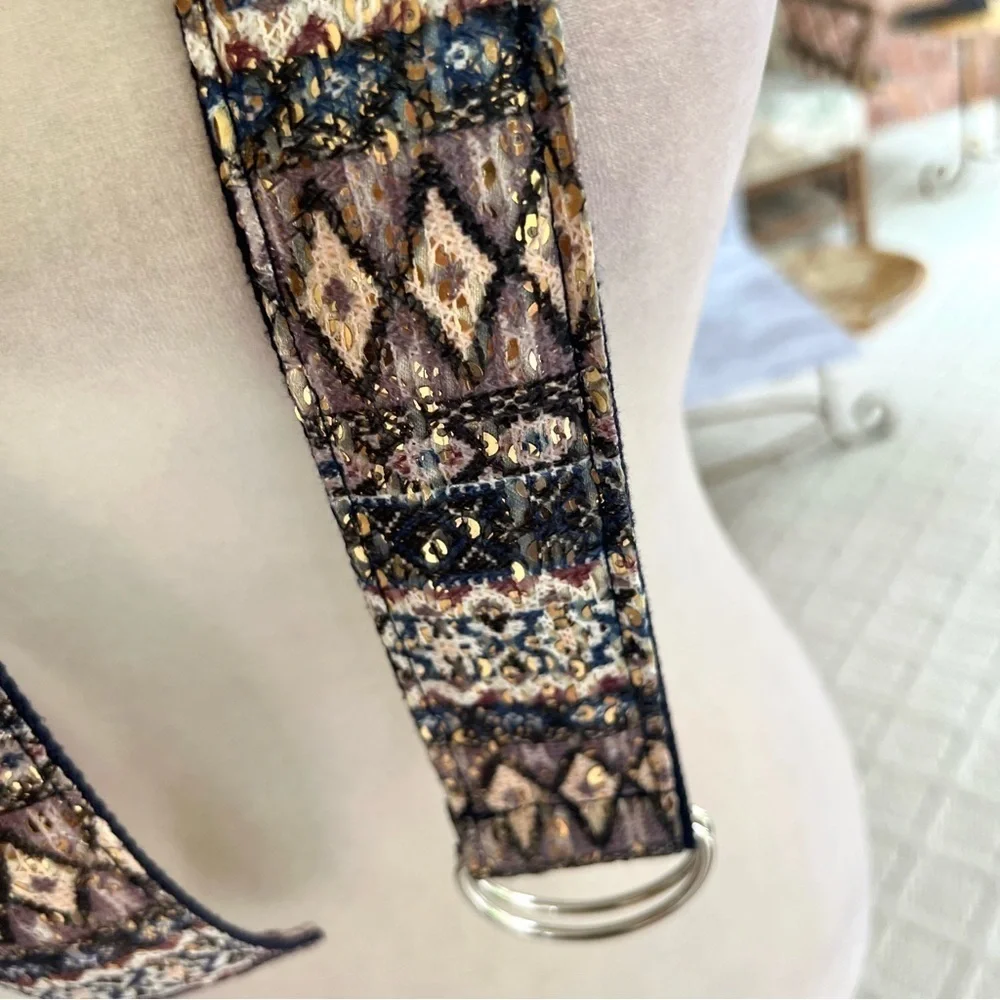 Belt Southwestern Aztec Print Fabric Gold Sequin Blue Brown M Concert Festival